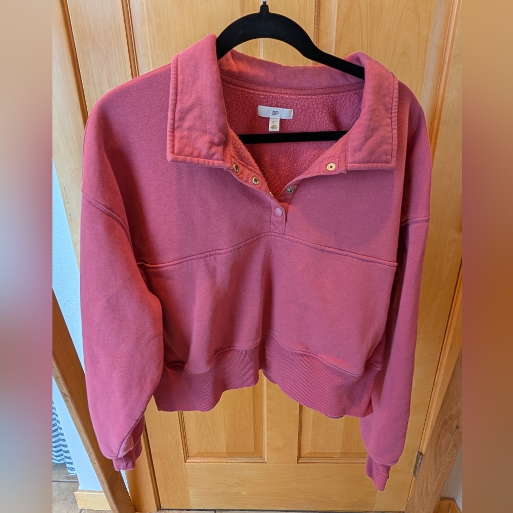 BP Pink Fleece Cropped Pullover With Button Collar
